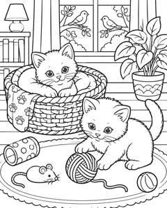 Kittens Yarn Room colouring page preview
