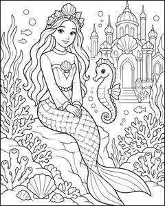 Mermaid Seahorse Palace colouring page preview