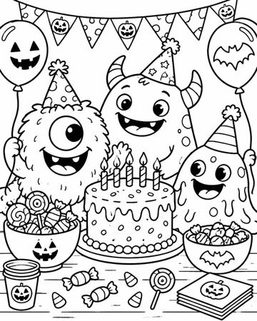 Monster Birthday Party colouring page preview