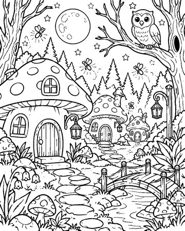 Mushroom Fairy Village colouring page preview
