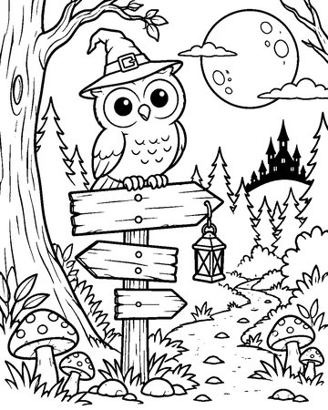 Wise Owl's Signpost colouring page preview