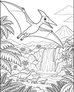 Pteranodon Waterfall Flight colouring page preview