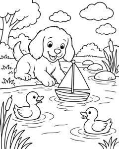 Puppy Pond Boat colouring page preview