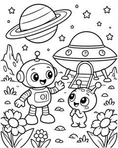 Robot Alien Friendship colouring page preview