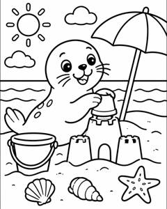 Seal Sandcastle Beach colouring page preview
