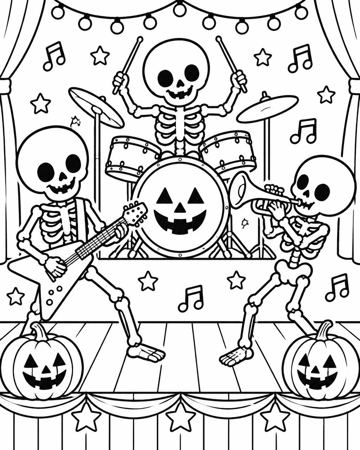 Skeleton Rock Band colouring page preview