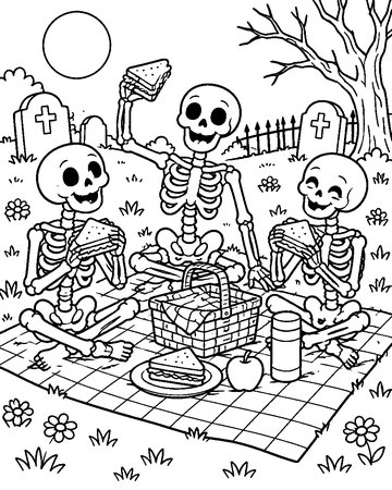 Skeleton Picnic colouring page preview