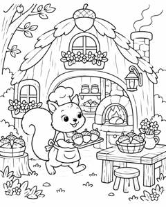 Squirrel Acorn Bakery colouring page preview