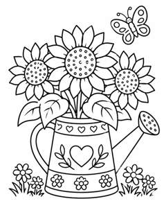 Sunflowers Watering Can colouring page preview