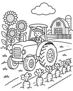 Tractor Sunflower Farm colouring page preview