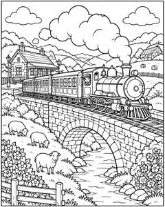 Train Countryside Bridge colouring page preview