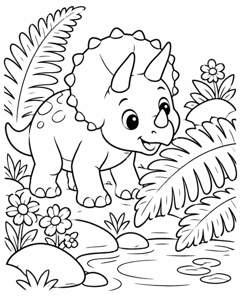 Triceratops Fern Pond colouring page preview