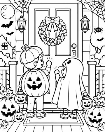 Knock Knock, Trick-or-Treat! colouring page preview