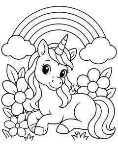 Unicorn Rainbow Meadow colouring page preview