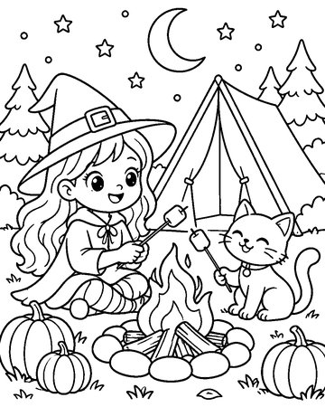 Witch's Campfire colouring page preview