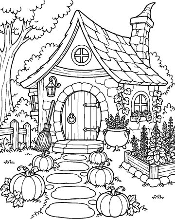 Witch's Cosy Cottage colouring page preview