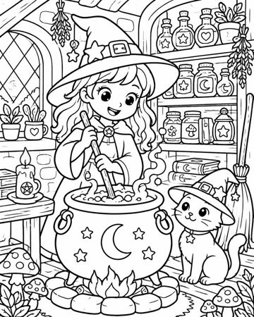 Little Witch's Kitchen colouring page preview