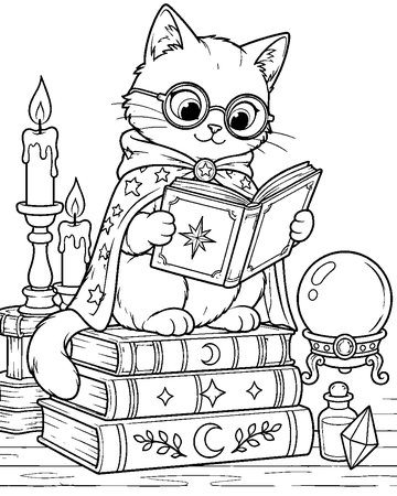 Wizard Cat's Library colouring page preview