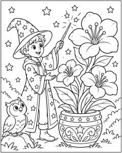 Wizard Magic Flowers colouring page preview